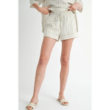 Emory Park women's linen shorts in white with thin vertical stripes and comfortable elastic waistband