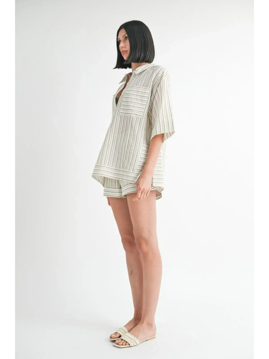 Emory Park women's linen shorts and matching striped shirt outfit in neutral tones
