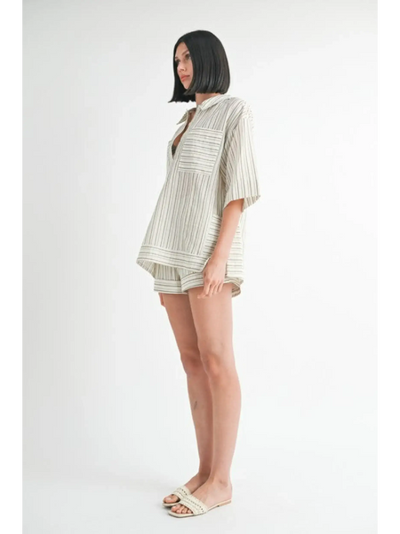 Emory Park women's linen shorts and matching striped shirt outfit in neutral tones