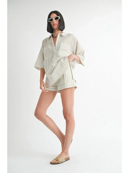 Emory Park women's linen shorts with matching striped oversized shirt and sunglasses