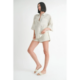 Emory Park women's linen shorts set in striped light fabric with matching oversized shirt and white sandals