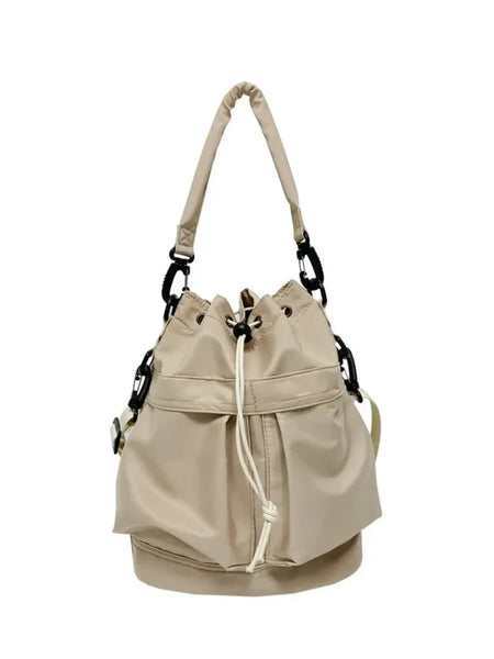 Trendsi beige women's nylon bucket bag with drawstring closure and adjustable shoulder strap