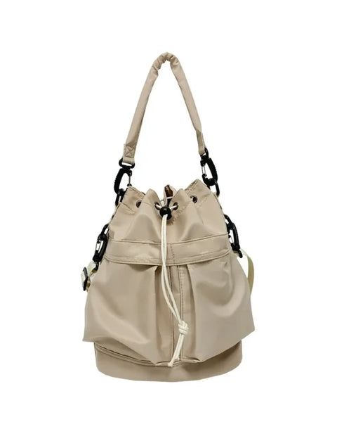 Trendsi beige women's nylon bucket bag with drawstring closure and adjustable shoulder strap