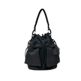 Black women's nylon bucket bag with adjustable straps and drawstring closure