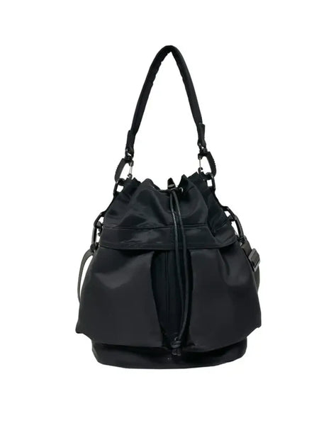 Black women's nylon bucket bag with adjustable straps and drawstring closure