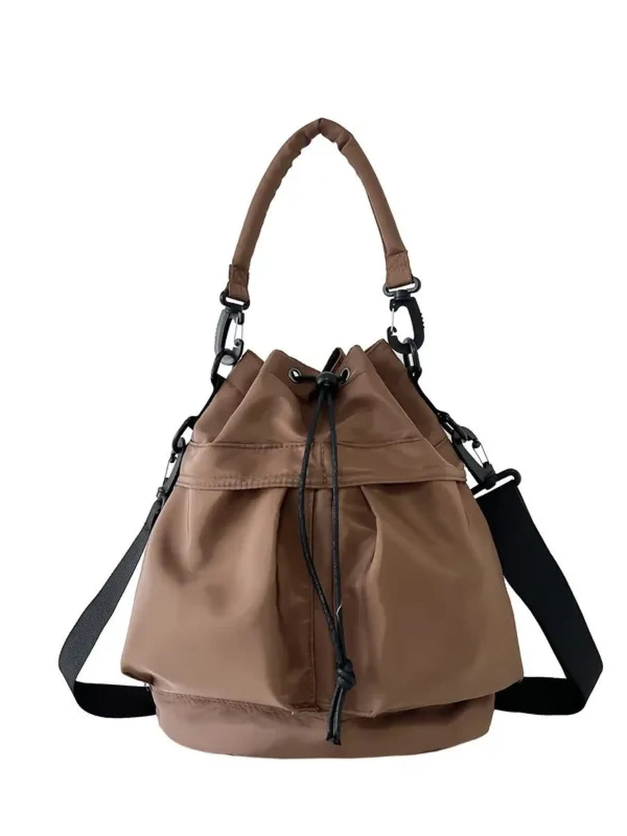 Trendsi women's nylon bucket bag in brown with adjustable black strap and drawstring closure