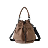 Trendsi women's nylon bucket bag in brown with adjustable black strap and drawstring closure