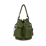 Olive green women's nylon bucket bag with adjustable strap and drawstring closure