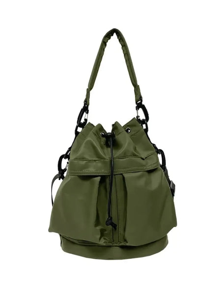 Olive green women's nylon bucket bag with adjustable strap and drawstring closure