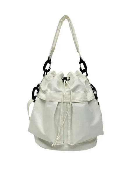White women's nylon bucket bag with adjustable strap and drawstring closure from Trendsi