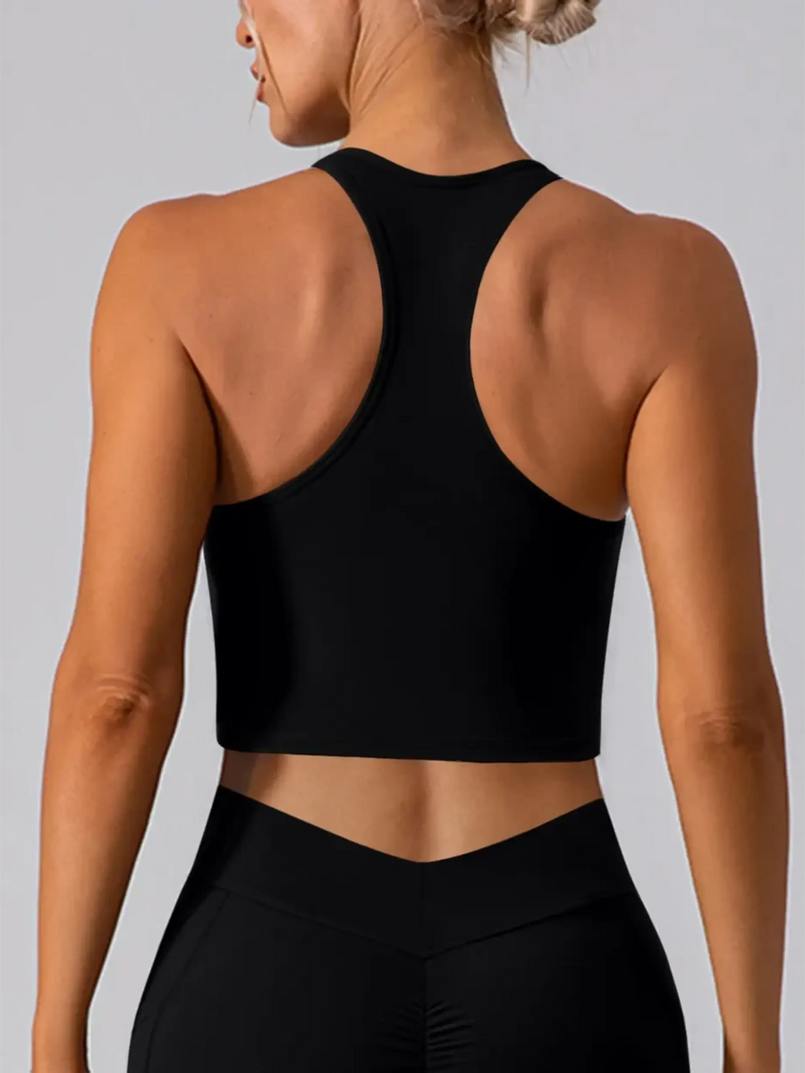 Babe Beachwear women's racerback crop top active tank in black shown from back