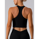 Babe Beachwear women's racerback crop top active tank in black shown from back