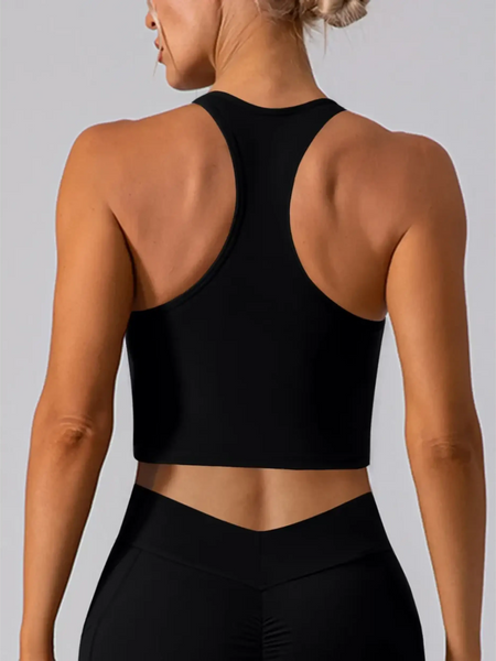 Babe Beachwear women's racerback crop top active tank in black shown from back