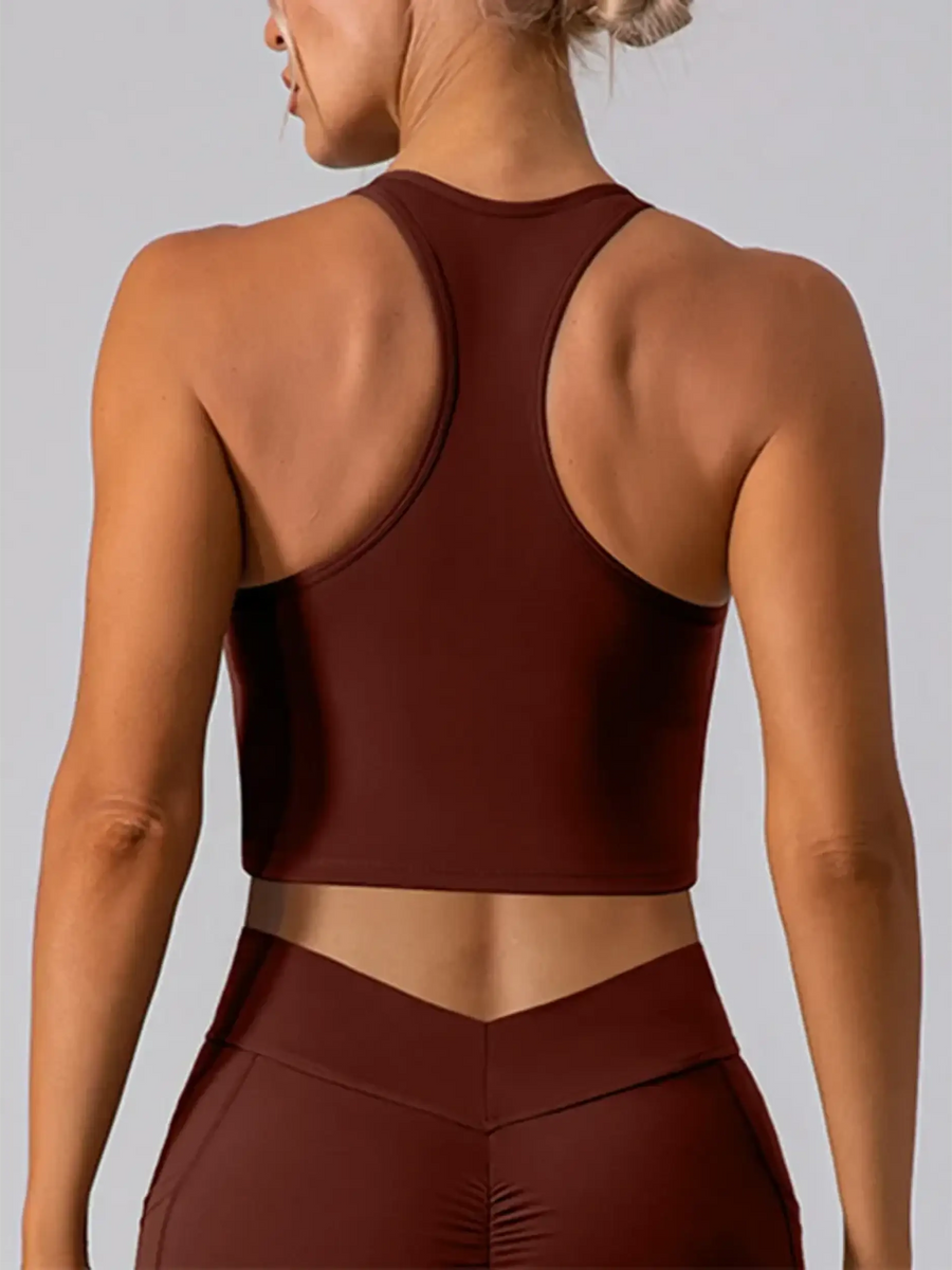 Babe Beachwear women's racerback crop top in deep brown active tank top shown from back