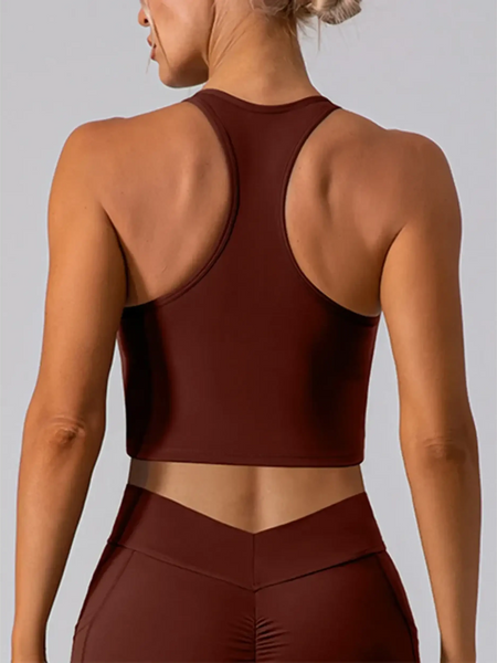 Babe Beachwear women's racerback crop top in deep brown active tank top shown from back