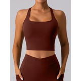 Babe Beachwear women's racerback crop top active tank in deep brown with square neckline