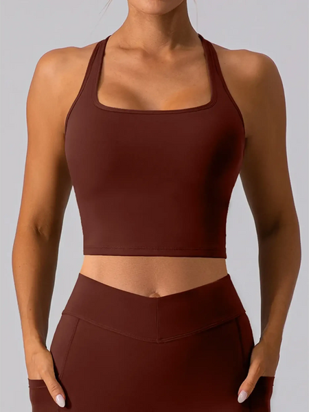 Babe Beachwear women's racerback crop top active tank in deep brown with square neckline