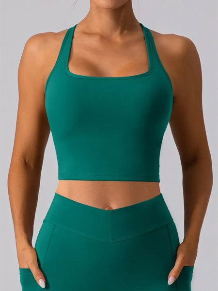 Babe Beachwaer women's racerback crop top active tank in teal green fitted style