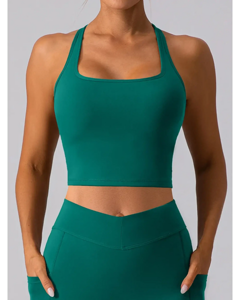 Babe Beachwaer women's racerback crop top active tank in teal green fitted style