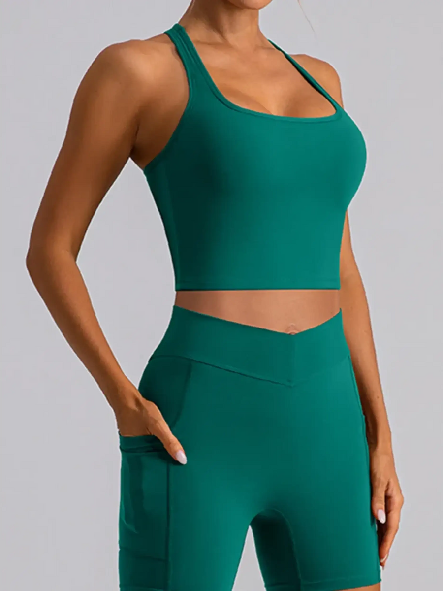 Babe Beachwear women's racerback crop top in green active tank style with matching shorts