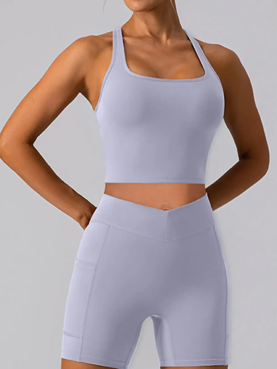 Babe Beachwear women's racerback crop top active tank in light gray fitted style