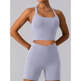 Babe Beachwear women's racerback crop top active tank in light gray fitted style