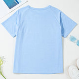 EG fashion women's raglan short sleeve top in light blue laid flat with accessories