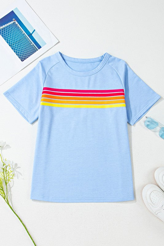 EG fashion women's raglan short sleeve top in light blue with red and yellow stripes across chest