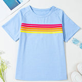EG fashion women's raglan short sleeve top in light blue with red and yellow stripes across chest