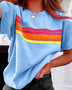 EG fashion women's raglan short sleeve top in light blue with retro colorful stripe design