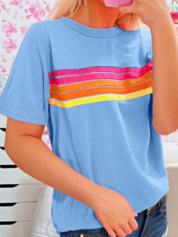EG fashion women's raglan short sleeve top in light blue with multicolor horizontal stripes