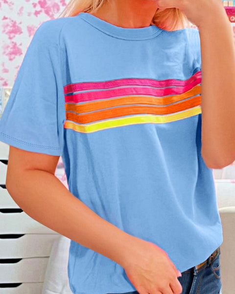 EG fashion women's raglan short sleeve top in light blue with multicolor horizontal stripes