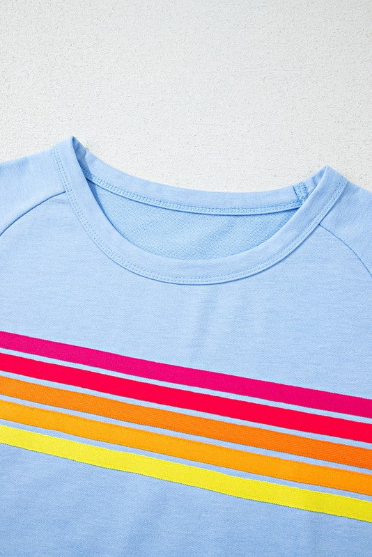 EG fashion women's raglan short sleeve top in light blue with colorful horizontal stripes