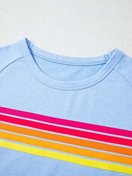 EG fashion women's raglan short sleeve top in light blue with colorful horizontal stripes