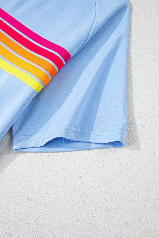 Light blue women's raglan short sleeve top with colorful stripes on sleeve by EG fashion