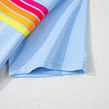 Light blue women's raglan short sleeve top with colorful stripes on sleeve by EG fashion