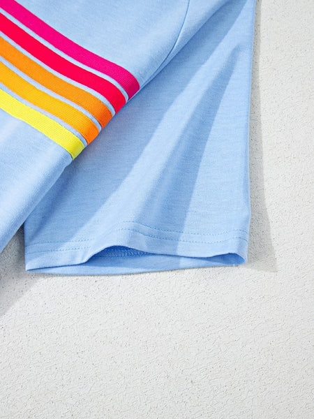 Light blue women's raglan short sleeve top with colorful stripes on sleeve by EG fashion