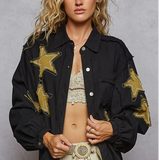 Trendsi women's raw hem button up jacket in black with gold star patches and long sleeves