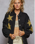 Trendsi women's raw hem button up jacket in black with gold star patches and long sleeves