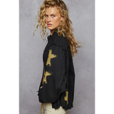 Trendsi women's raw hem button up jacket in black with star patches and distressed detailing