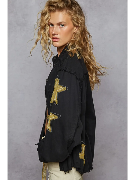 Trendsi women's raw hem button up jacket in black with star patches and distressed detailing