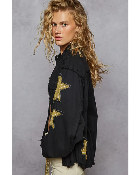 Trendsi women's raw hem button up jacket in black with star patches and distressed detailing