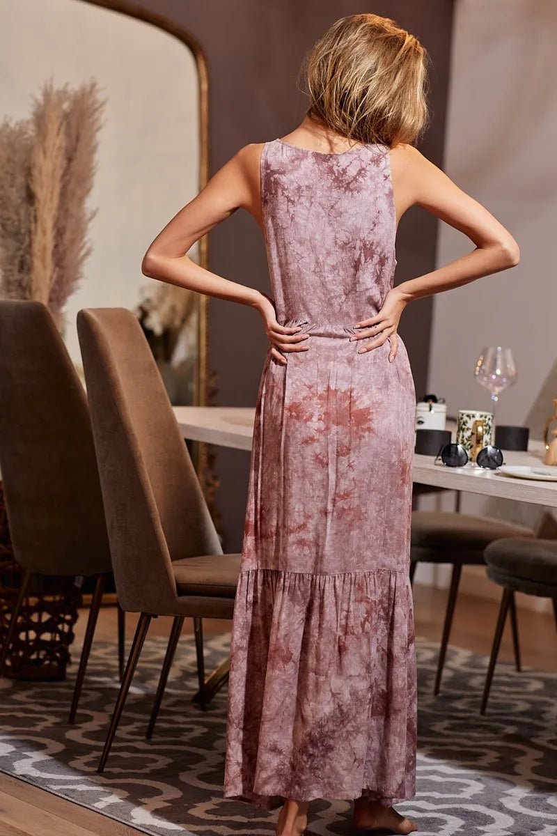 Trendsi women's resort wear dress sleeveless mauve tie-dye maxi dress with ruffle hem
