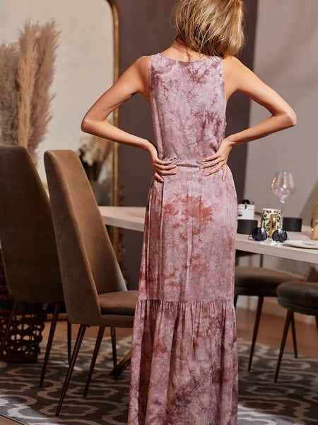 Trendsi women's resort wear dress sleeveless mauve tie-dye maxi dress with ruffle hem