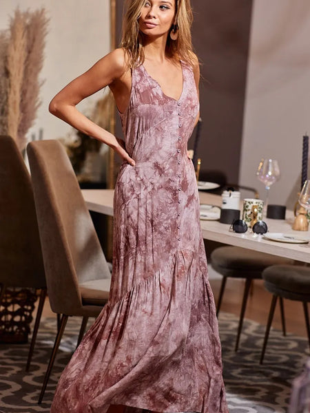  women's resort wear dress maxi with sleeveless design and soft pink tie-dye pattern