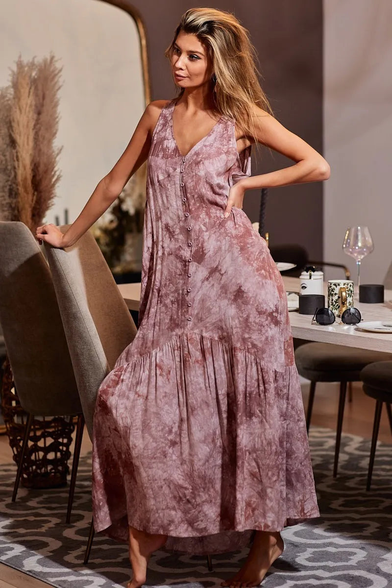 Trendsi women's resort wear dress pink tie-dye maxi dress with buttons and sleeveless design