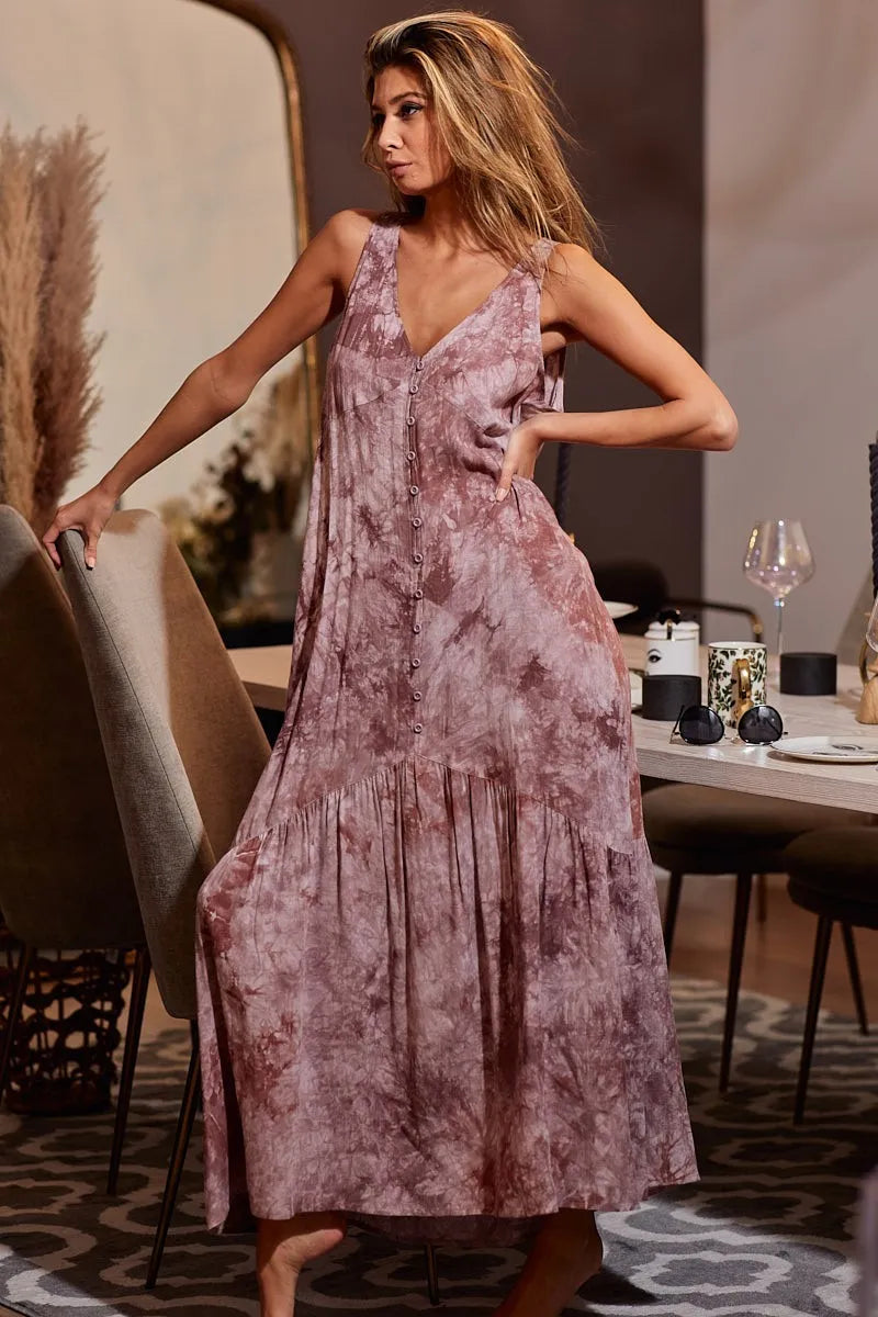 Trendsi women's resort wear dress maxi in mauve tie-dye sleeveless V-neck style