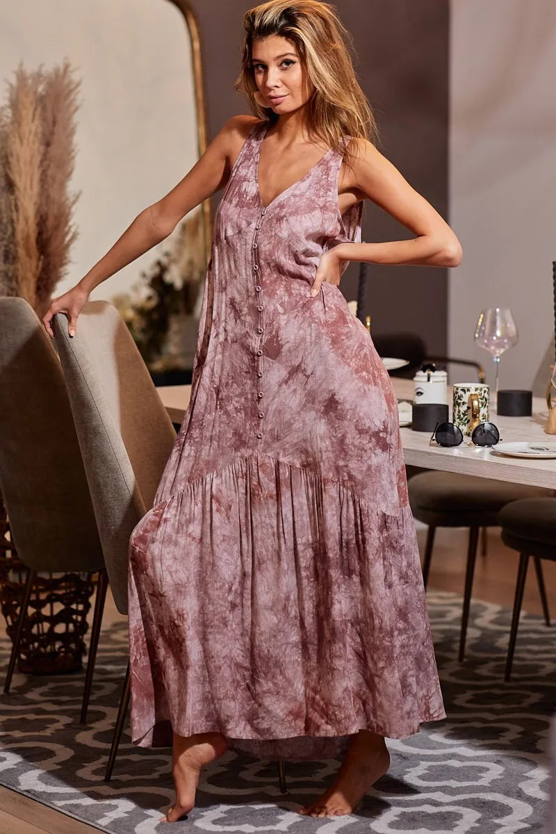 women's resort wear dress maxi style in pink tie-dye pattern with sleeveless design