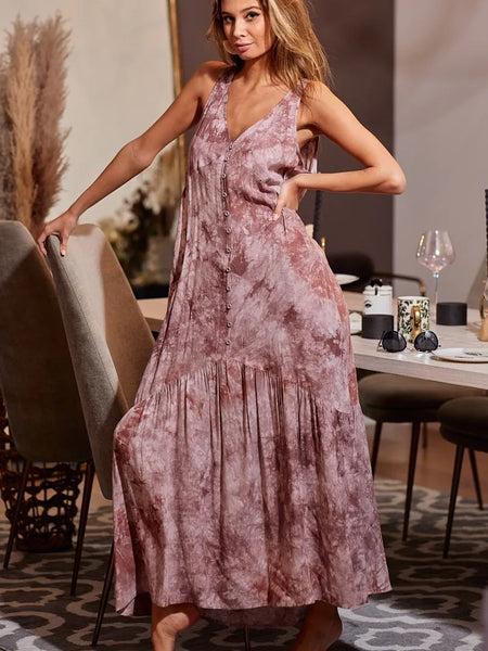 women's resort wear dress maxi style in pink tie-dye pattern with sleeveless design