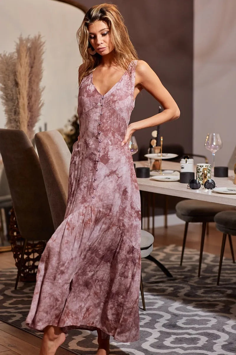 women's resort wear dress in mauve tie-dye maxi style with button front and sleeveless design